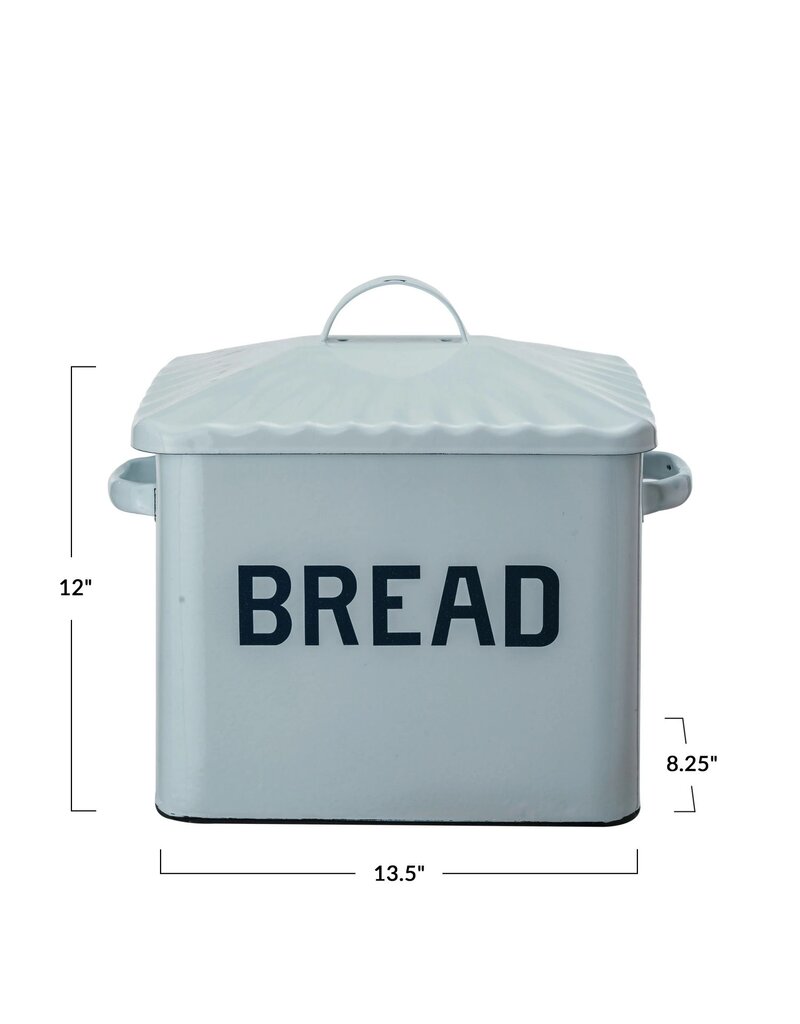 Meadow Enameled Metal Box w/ Lid & Handles "Bread", White & Blue