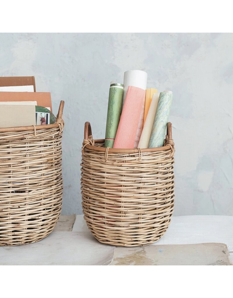 Sunset Villa Set of 2 Hand-Woven Rattan Baskets w/ Handles, Natural