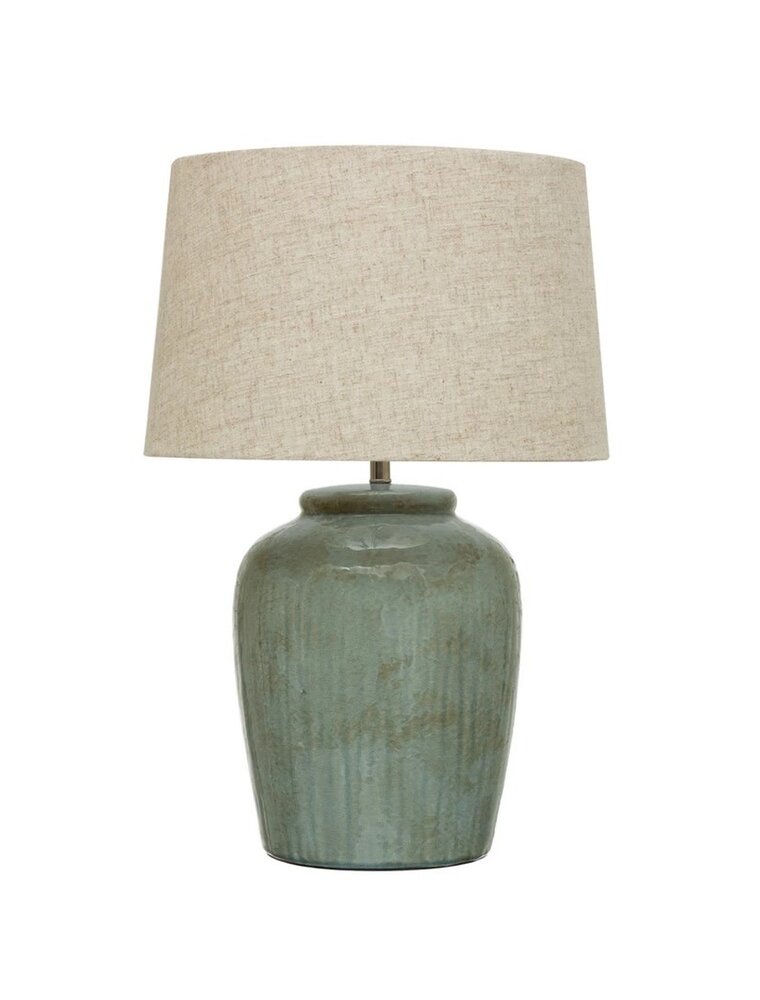 Stoneware Table Lamp with Linen Shade, Green