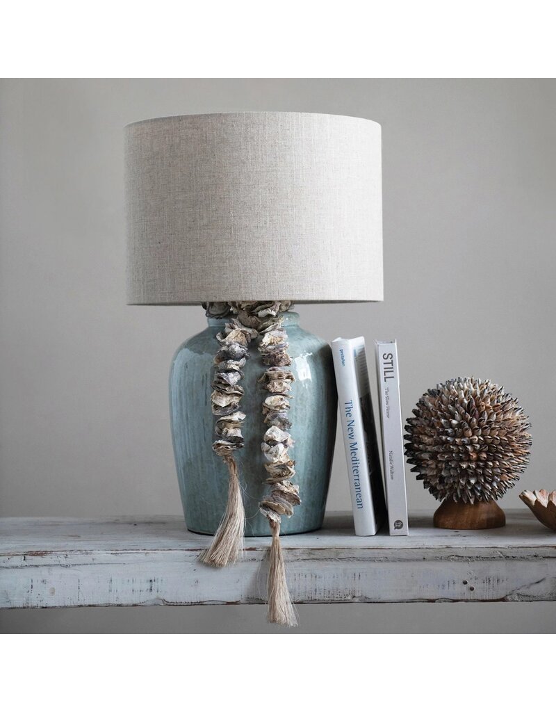 Stoneware Table Lamp with Linen Shade, Green