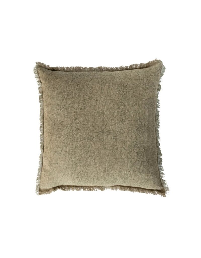Daily Routines 20" Square Stonewashed Linen Pillow w/ Fringe, Olive