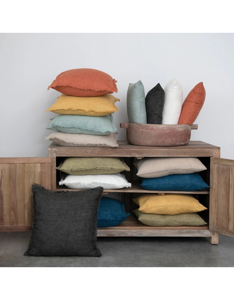 Daily Routines 20" Square Stonewashed Linen Pillow w/ Fringe, Natural