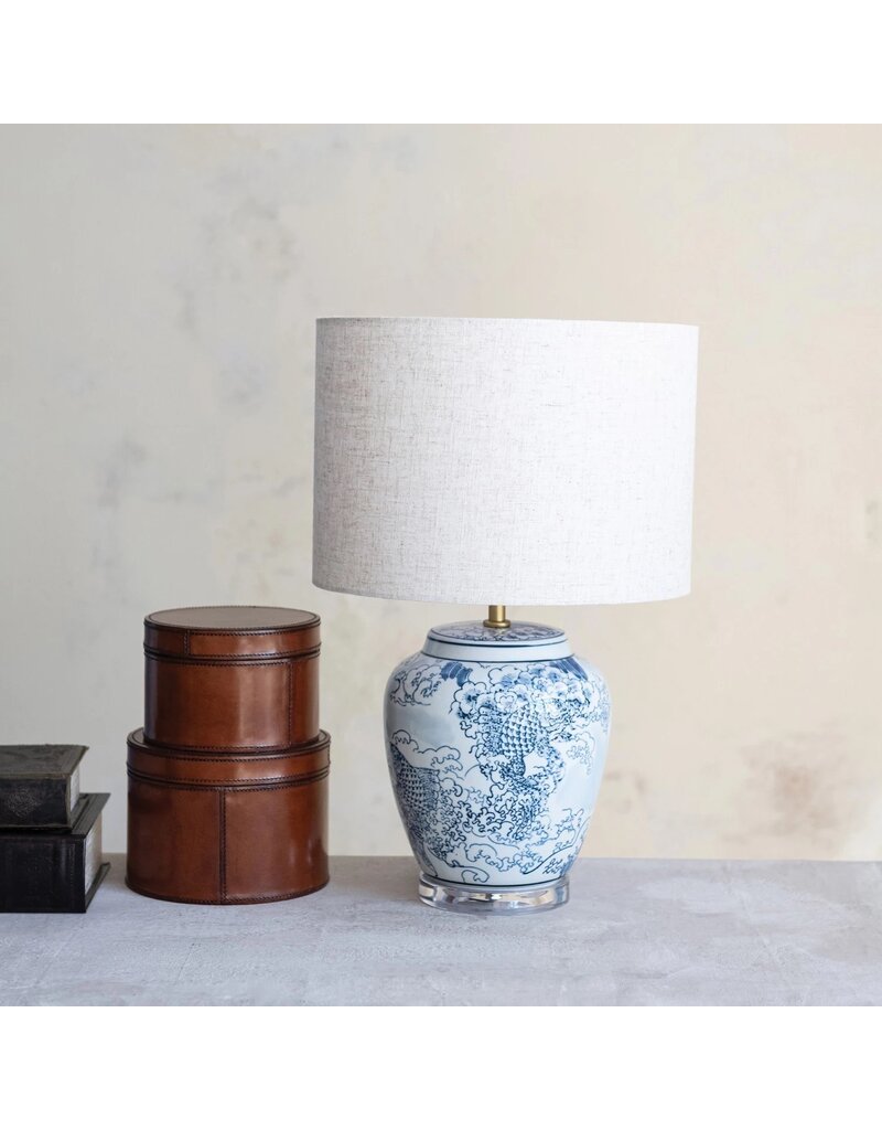 Dapper Home Blue & White Ceramic Table Lamp w/Linen Shade