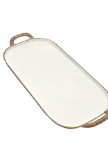 Enameled Large Enamel Metal Tray w/Rattan Wrapped Handles, EACH
