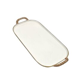 Enameled Large Enamel Metal Tray w/Rattan Wrapped Handles, EACH