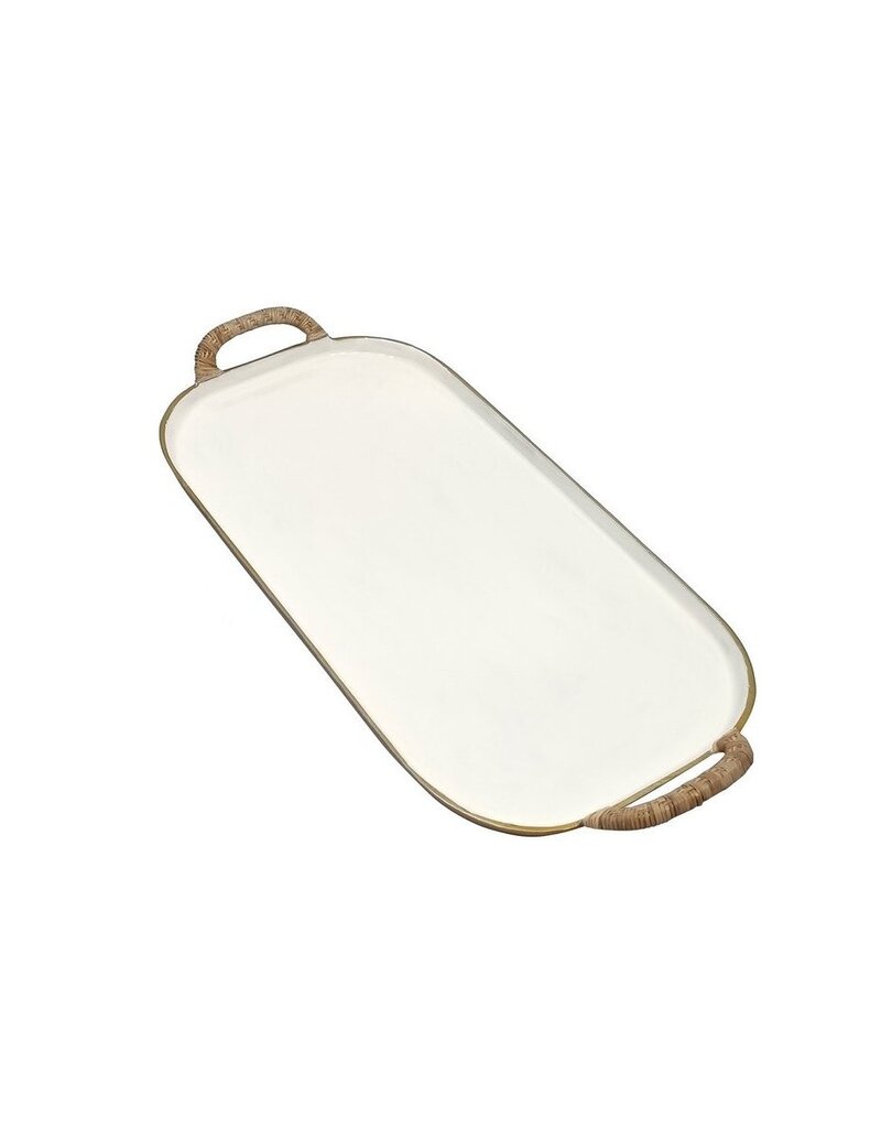 Enameled Large Enamel Metal Tray w/Rattan Wrapped Handles, EACH