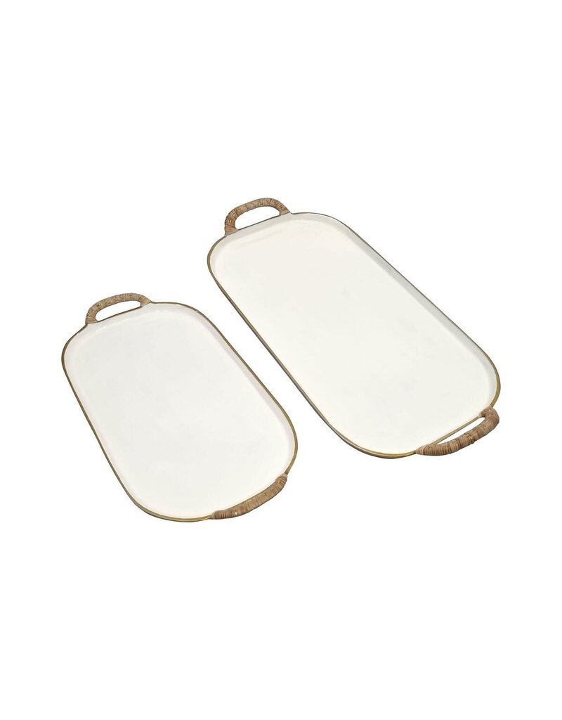 Enameled Large Enamel Metal Tray w/Rattan Wrapped Handles, EACH