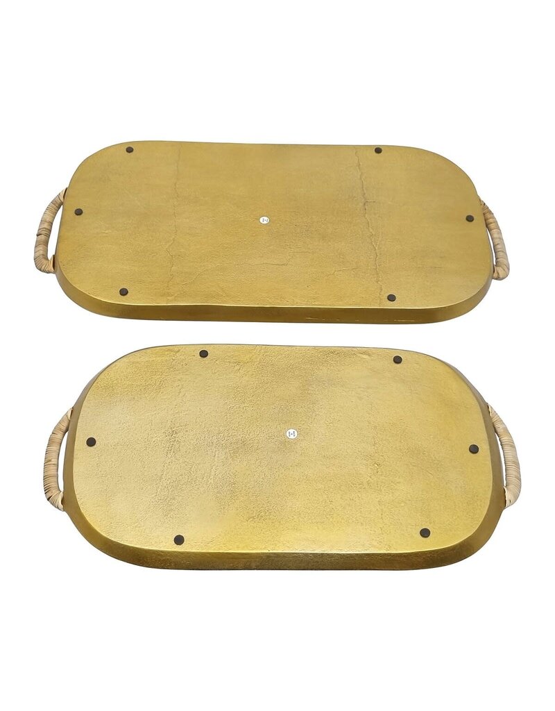 Enameled Large Enamel Metal Tray w/Rattan Wrapped Handles, EACH