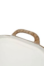 Enameled Small Enamel Metal Tray w/Rattan Wrapped Handles, EACH