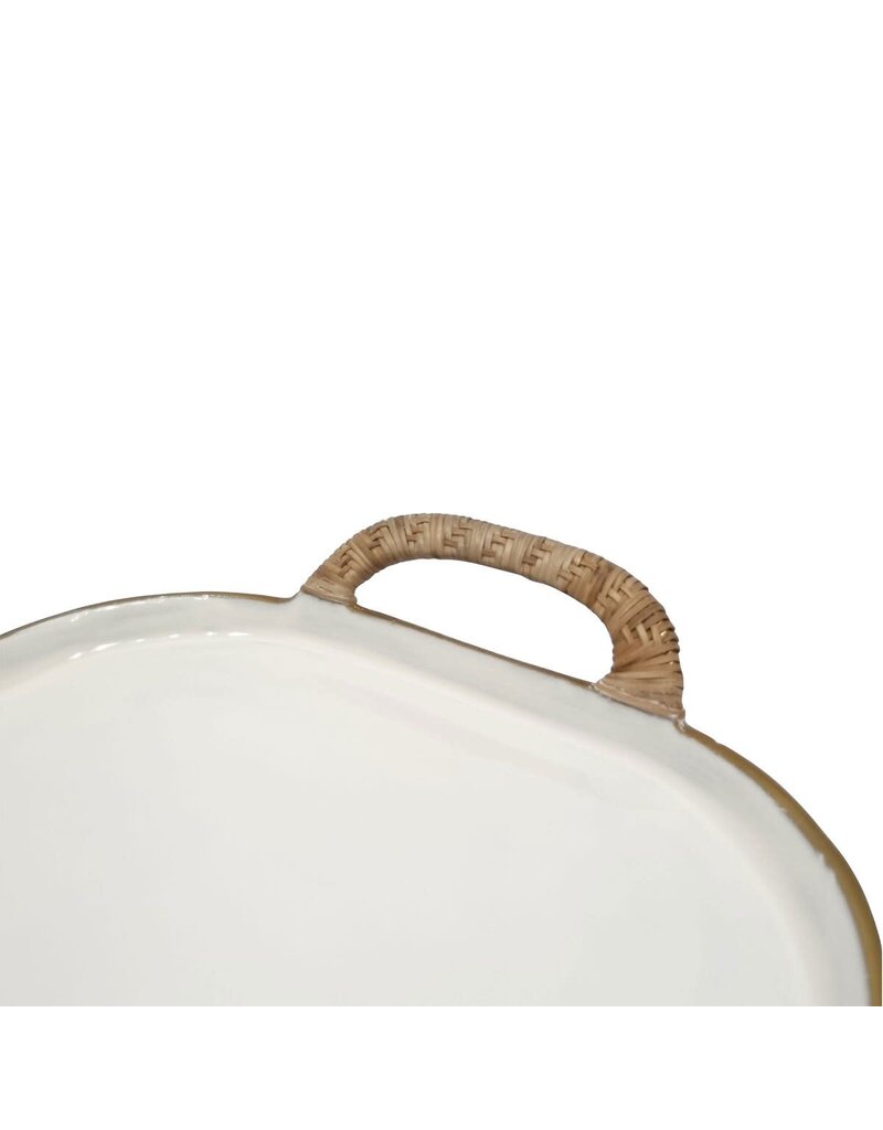 Enameled Small Enamel Metal Tray w/Rattan Wrapped Handles, EACH
