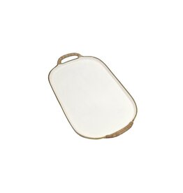 Enameled Small Enamel Metal Tray w/Rattan Wrapped Handles, EACH