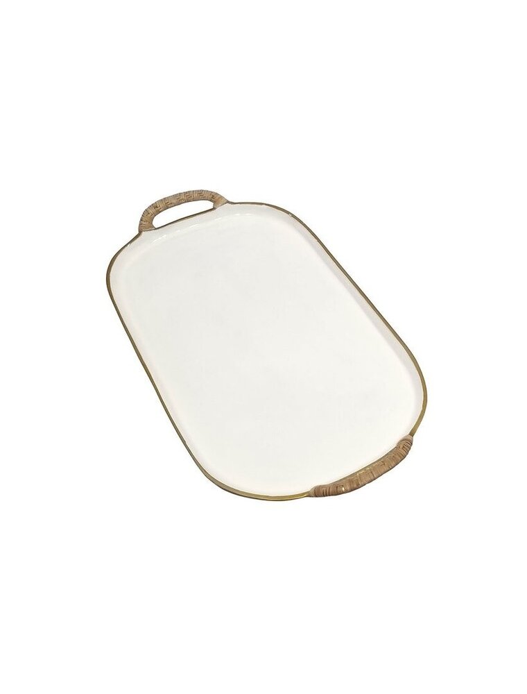 Enameled Small Enamel Metal Tray w/Rattan Wrapped Handles, EACH