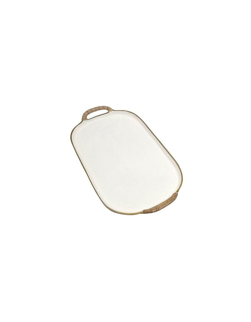 Enameled Small Enamel Metal Tray w/Rattan Wrapped Handles, EACH