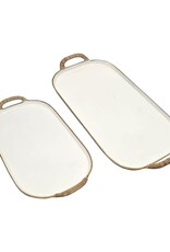 Enameled Small Enamel Metal Tray w/Rattan Wrapped Handles, EACH