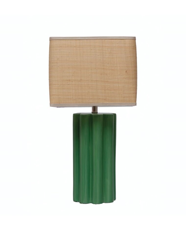 Magpie Green Stoneware Lamp w/Raffia Shade