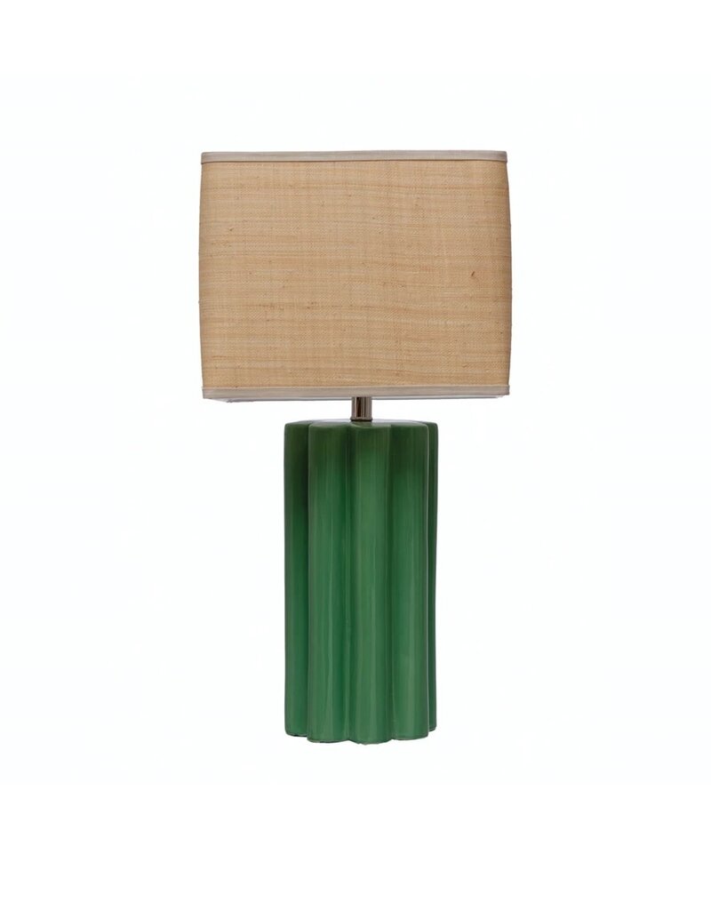 Magpie Green Stoneware Lamp w/Raffia Shade