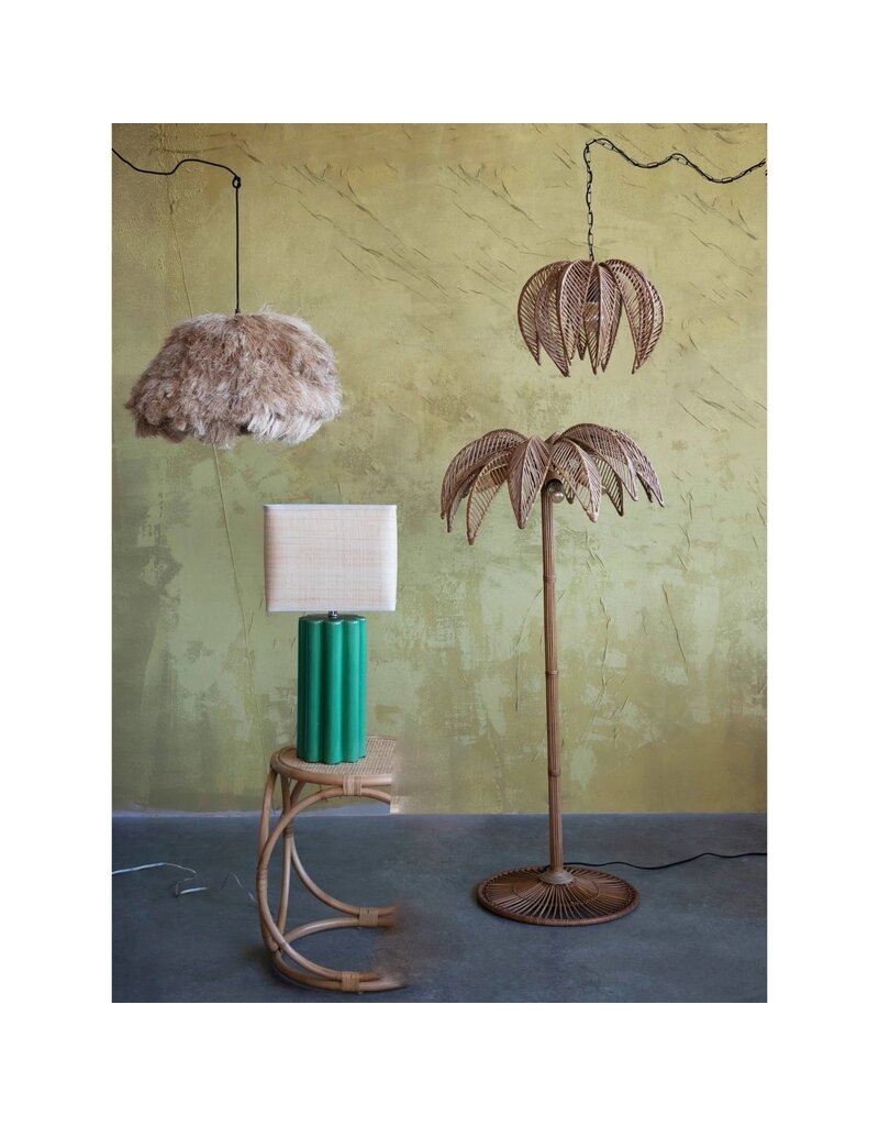 Magpie Green Stoneware Lamp w/Raffia Shade