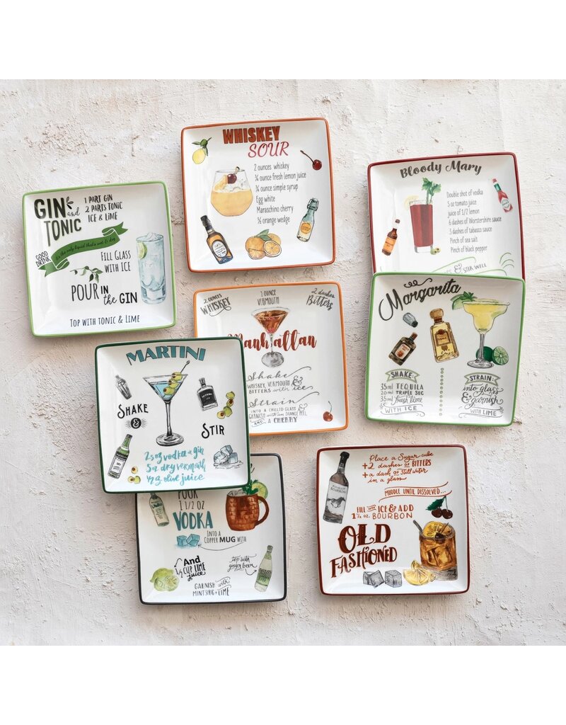 6" Square Plate w/Cocktail Recipe, (8-Styles), EACH