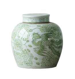 Green Jingdezhen Hand-Painted Ginger Jar w/Lid