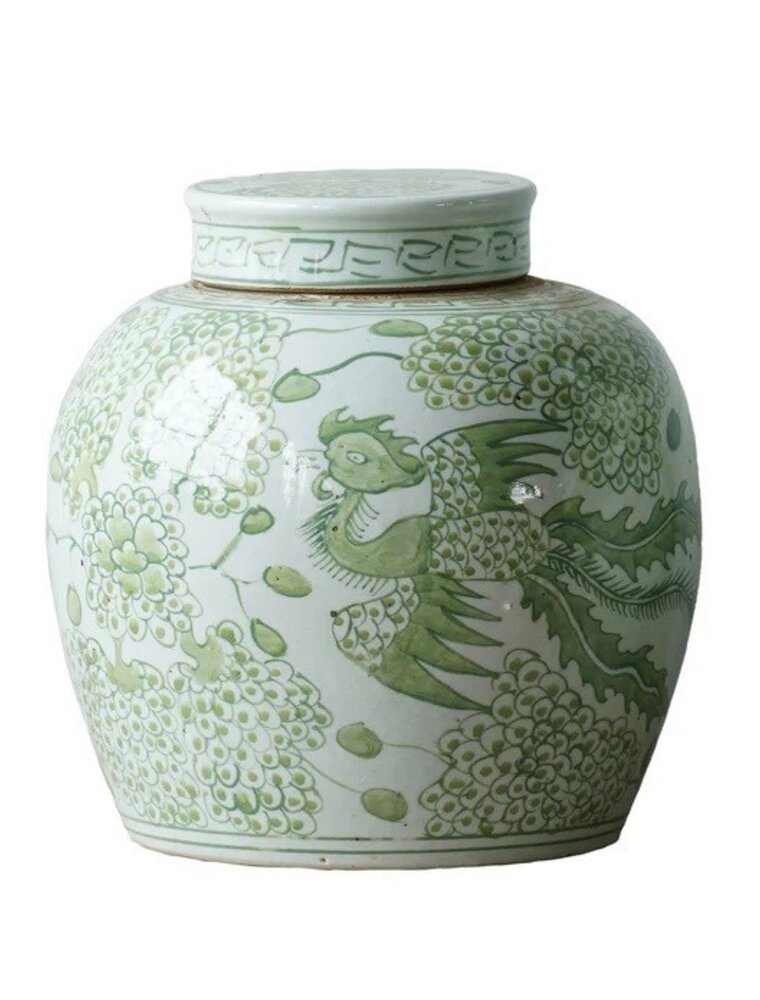 Green Jingdezhen Hand-Painted Ginger Jar w/Lid