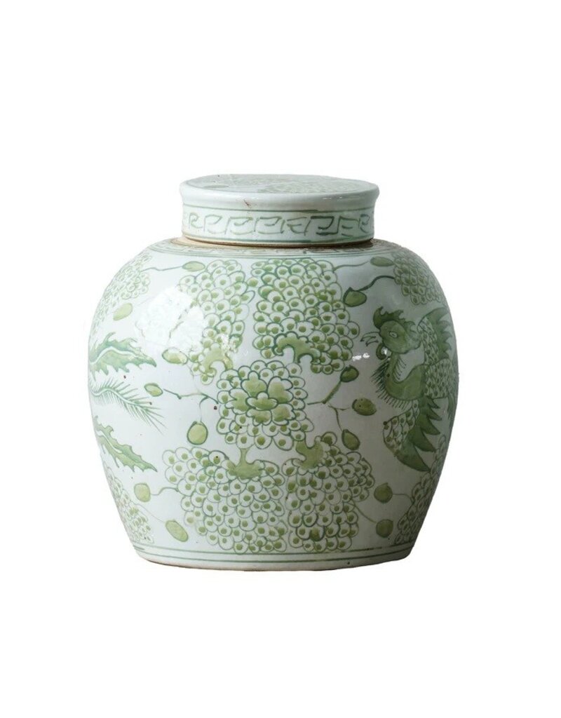 Green Jingdezhen Hand-Painted Ginger Jar w/Lid
