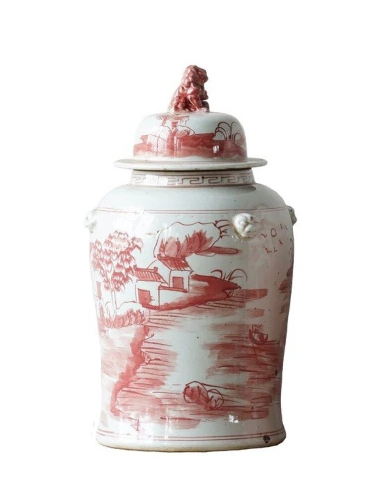 Red Jingdezhen Hand-Painted Ginger Jar w/Lid
