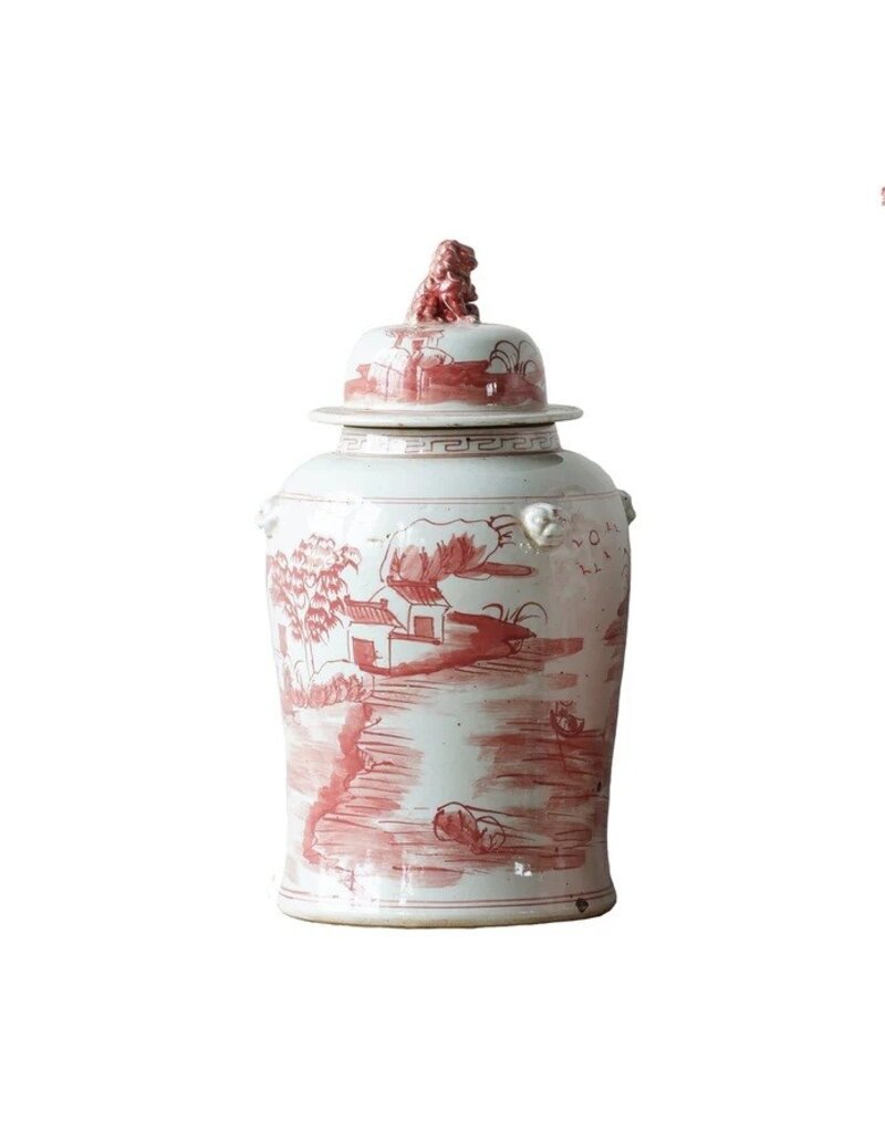 Red Jingdezhen Hand-Painted Ginger Jar w/Lid