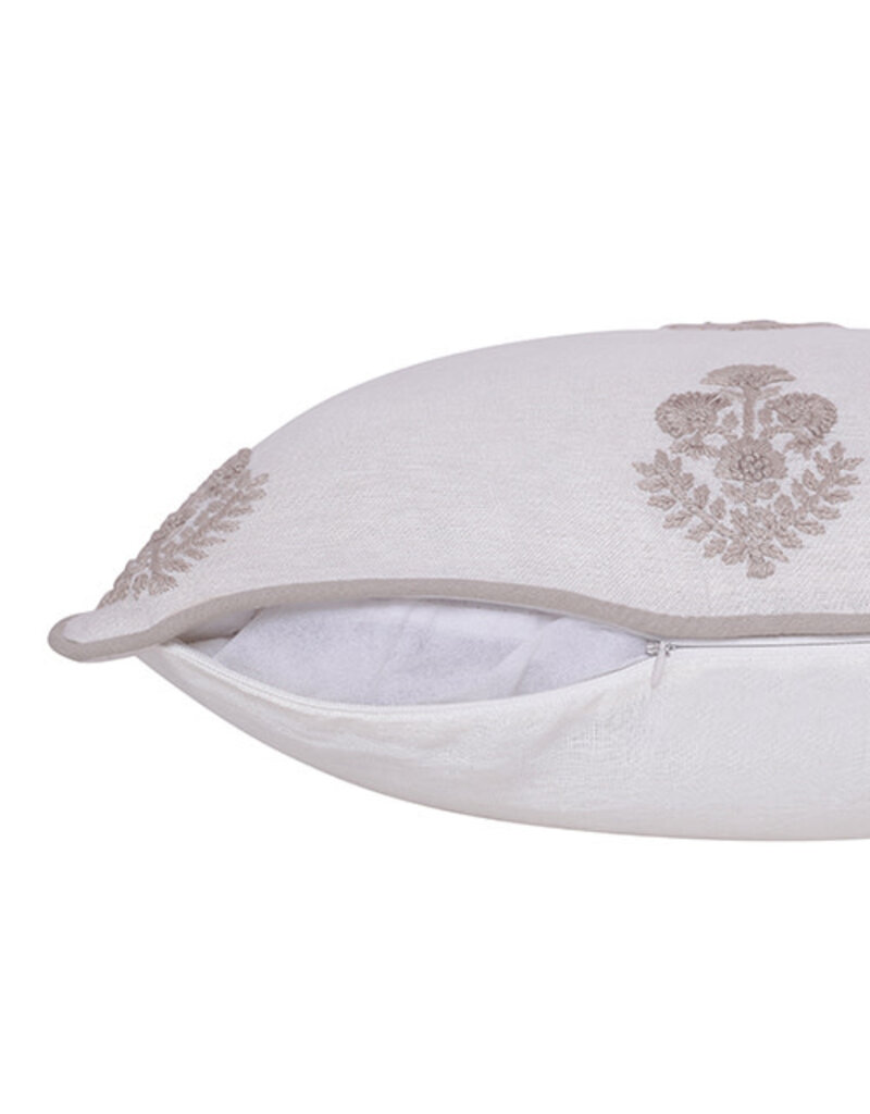 20" x 20" Off White 100% Linen Taupe Flowers Down Fill Pillow