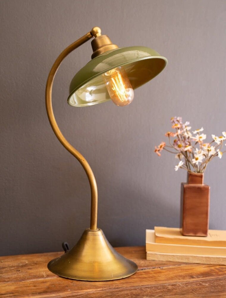 Antique Brass Table Lamp w/Green Enamel Shade