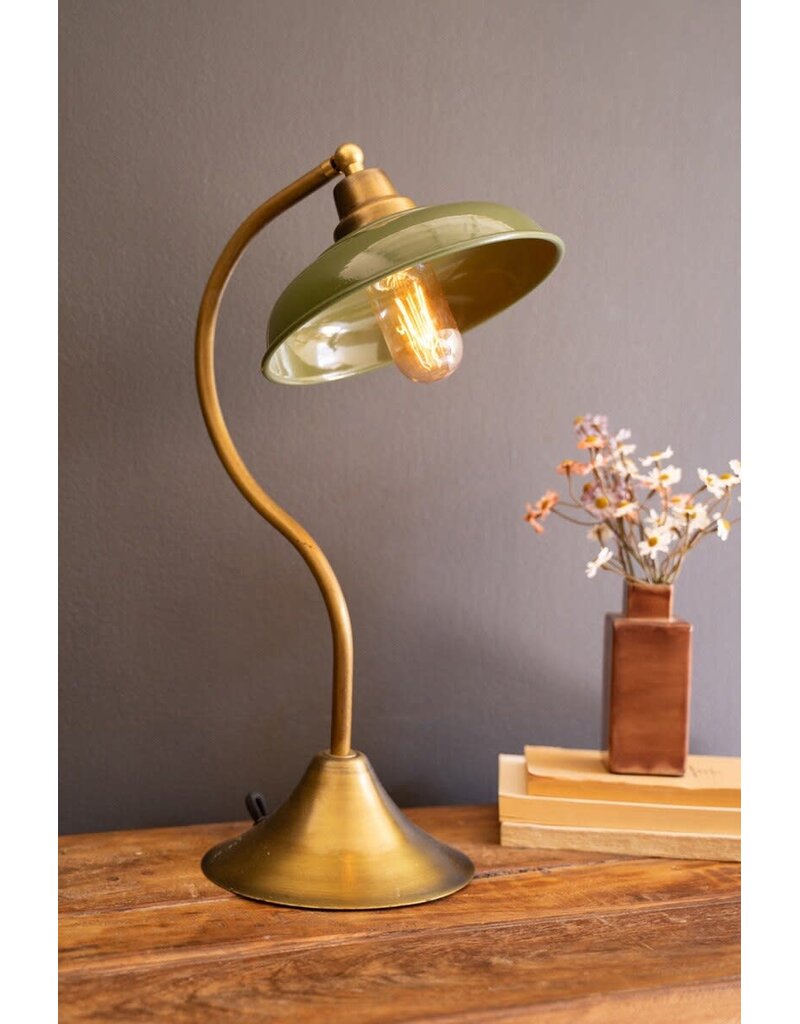 Antique Brass Table Lamp w/Green Enamel Shade