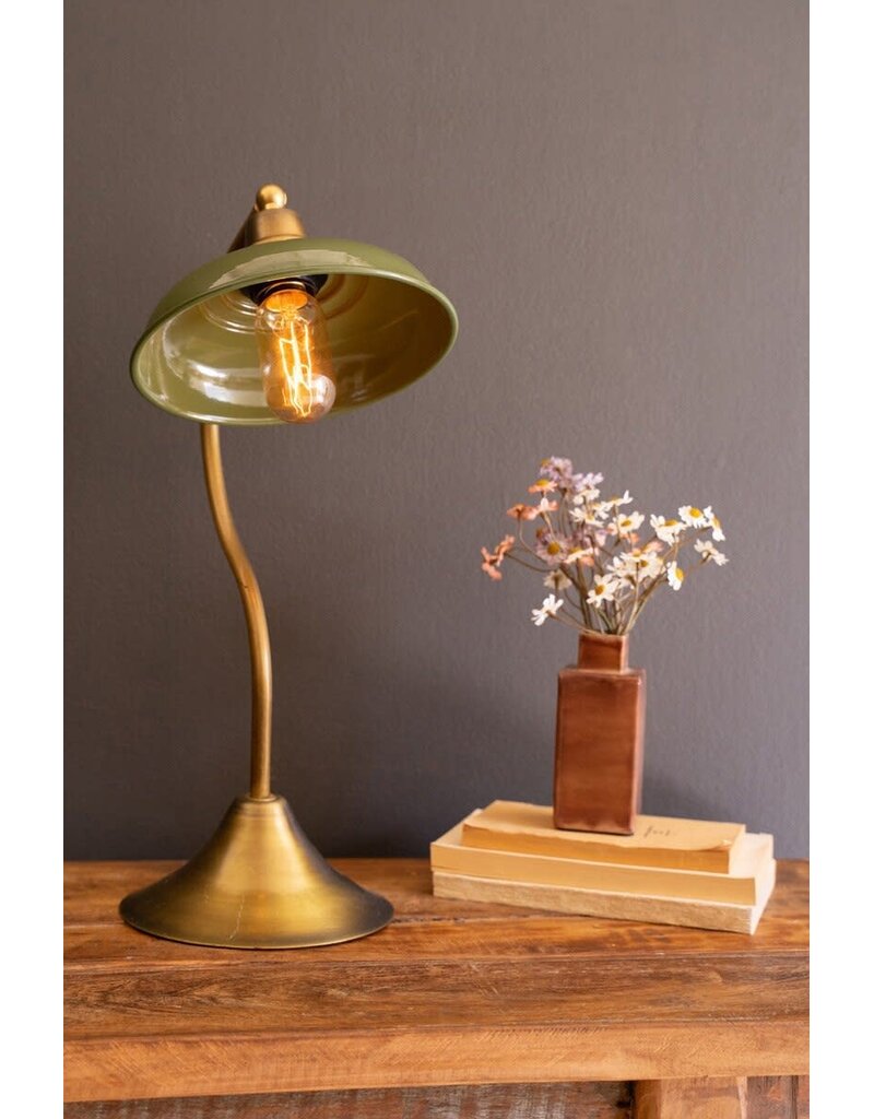 Antique Brass Table Lamp w/Green Enamel Shade