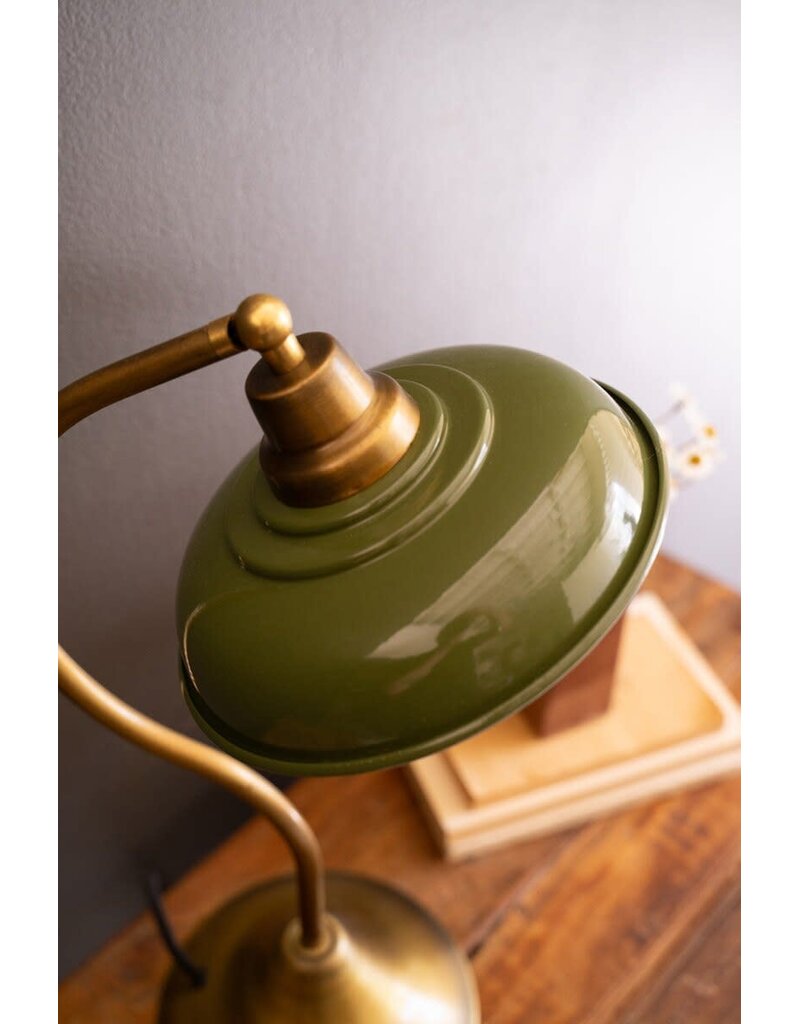 Antique Brass Table Lamp w/Green Enamel Shade