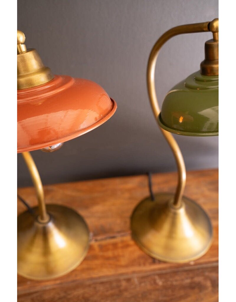 Antique Brass Table Lamp w/Green Enamel Shade