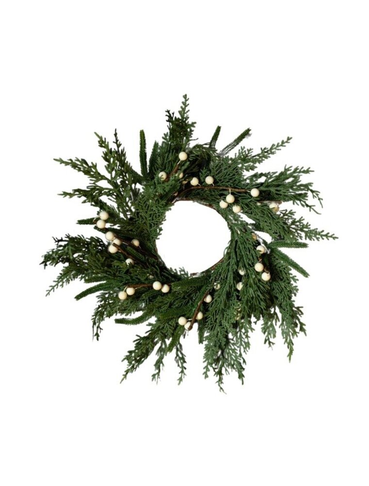 14" White Plum Berry Norfolk Cypress Real Touch Wreath