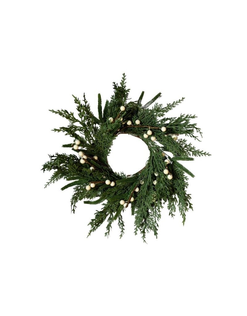 14" White Plum Berry Norfolk Cypress Real Touch Wreath