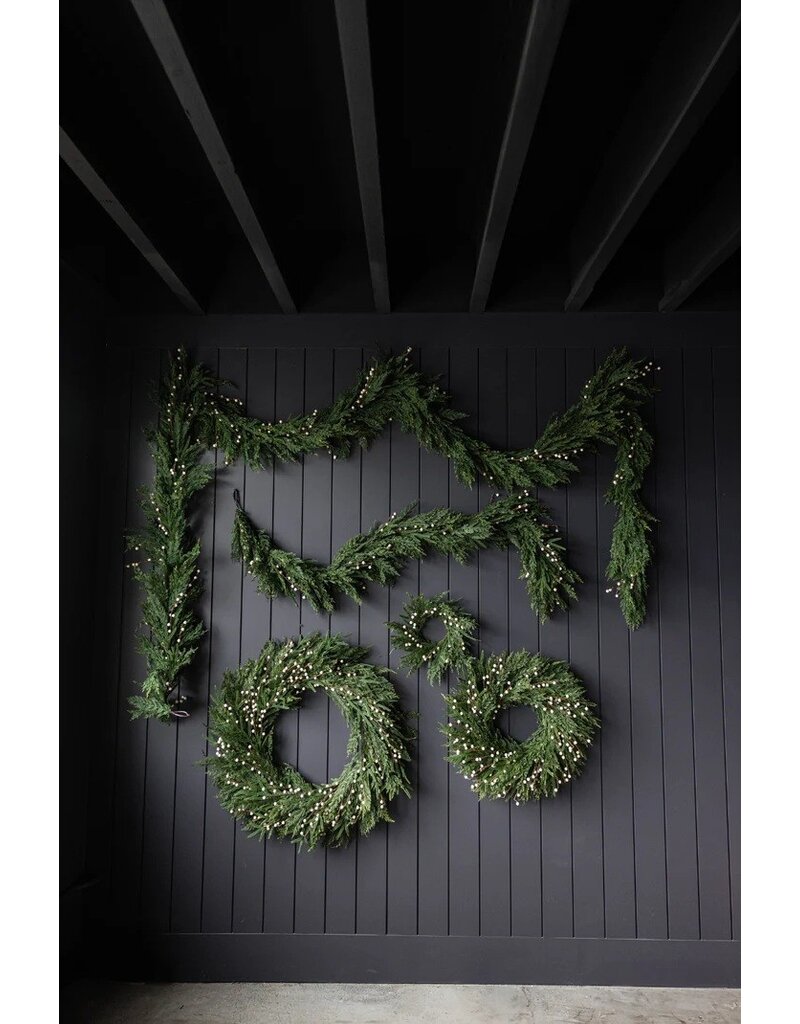 14" White Plum Berry Norfolk Cypress Real Touch Wreath