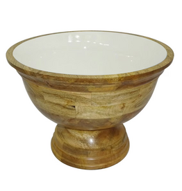 Jeffan Large Enamel & Mango Wood Round Pedestal Bowl