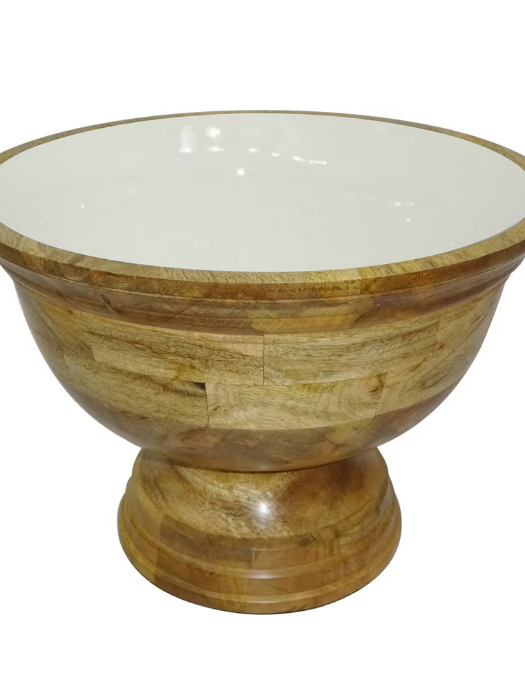 Jeffan Large Enamel & Mango Wood Round Pedestal Bowl