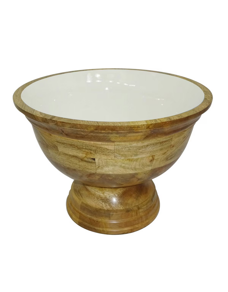 Jeffan Large Enamel & Mango Wood Round Pedestal Bowl