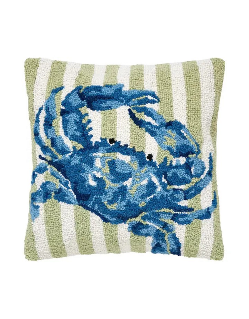 Peking Handicraft Blue Crab/Green & White Strip Hook Pillow