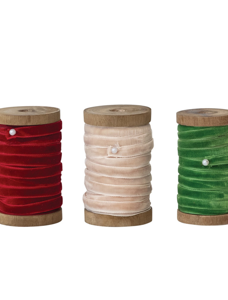 10Yards 1/4" Velvet Ribbon on Wood Spool - 3 Colors