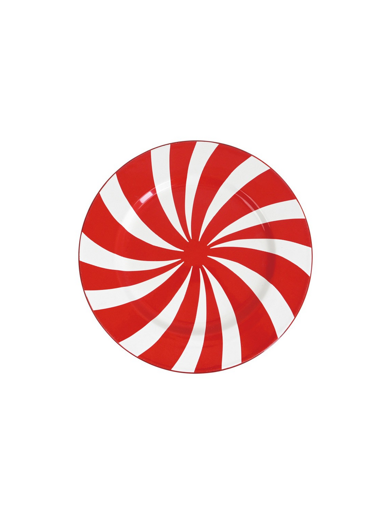 Enameled Plate/Charger with Swirled Stripes - Red & White