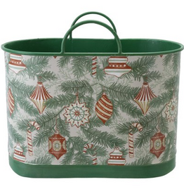 Christmas Market Large Holiday Pattern Metal Bucket with Handles