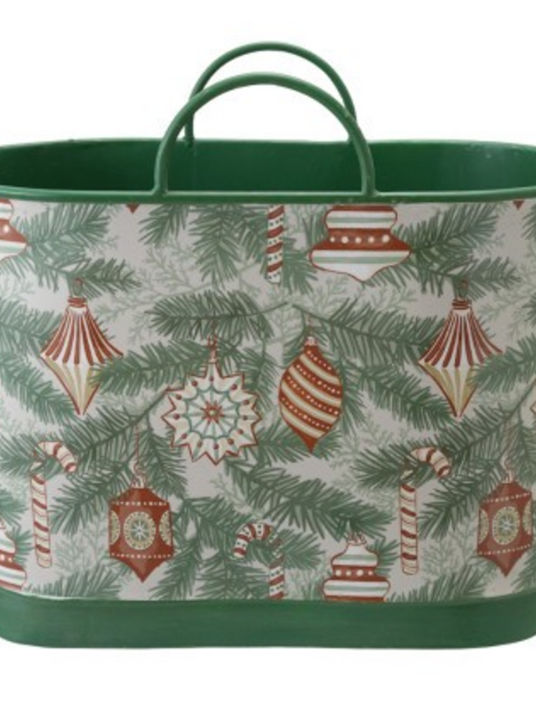 Christmas Market Large Holiday Pattern Metal Bucket with Handles