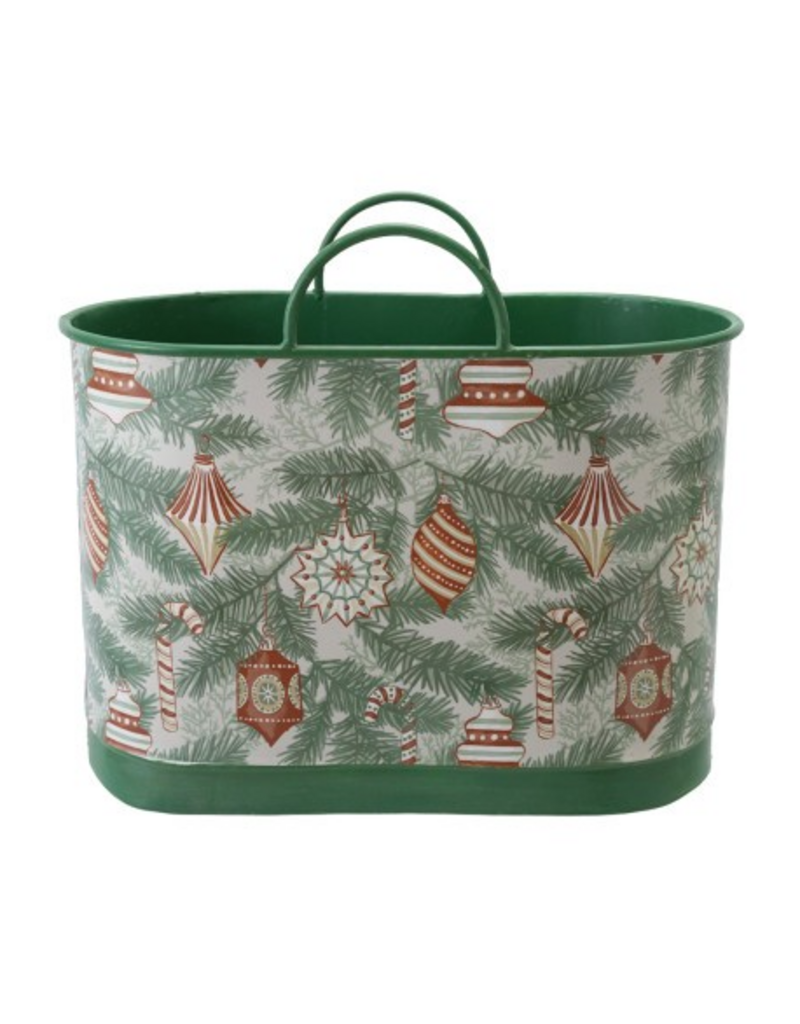 Christmas Market Large Holiday Pattern Metal Bucket with Handles