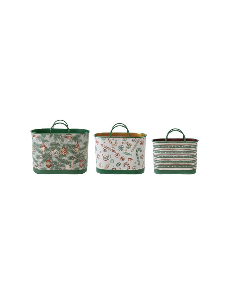 Christmas Market Large Holiday Pattern Metal Bucket with Handles