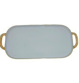 Rattan Large BLUE Enamel Metal Tray with Rattan Handles