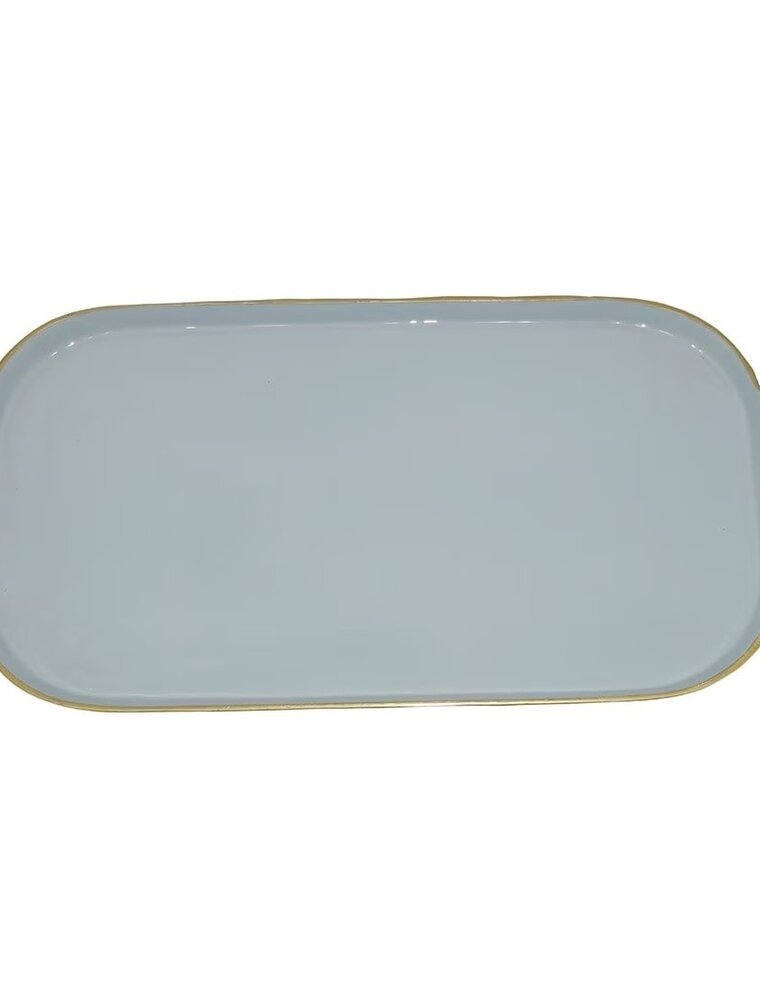 Rattan Large BLUE Enamel Metal Tray with Rattan Handles