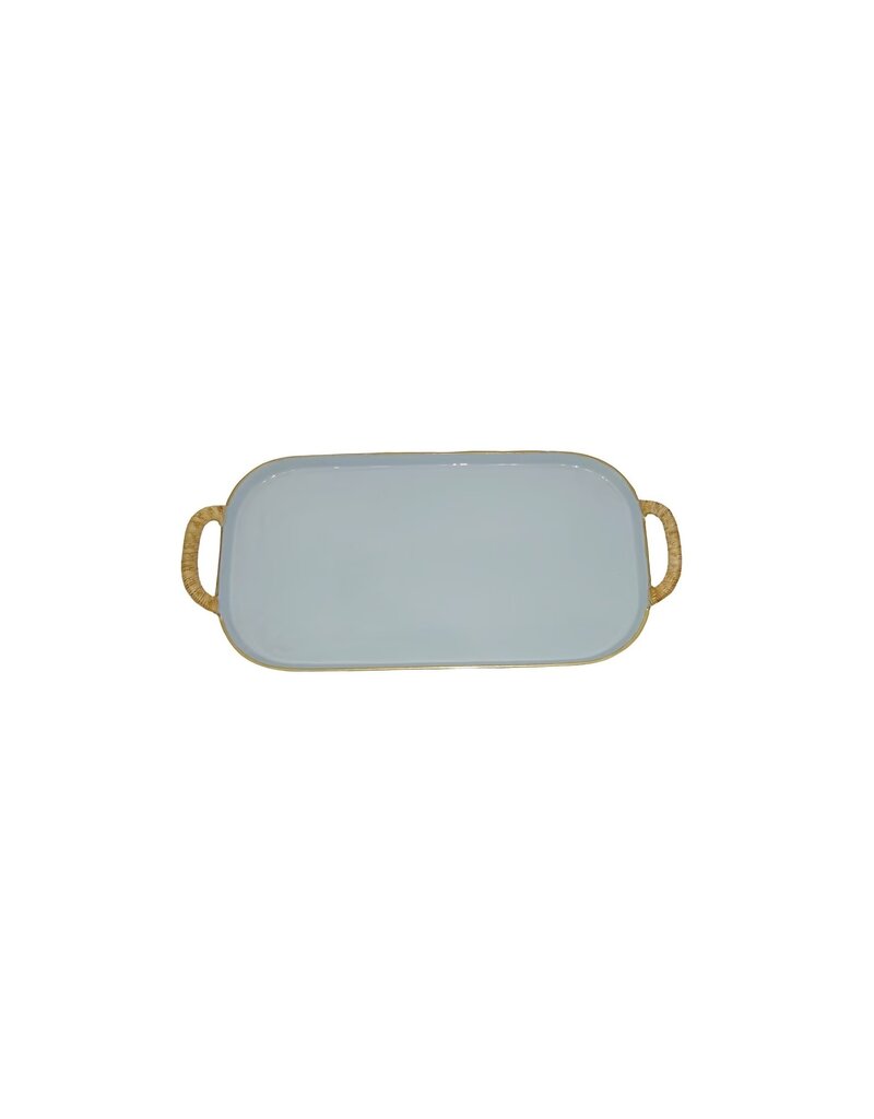 Rattan Large BLUE Enamel Metal Tray with Rattan Handles