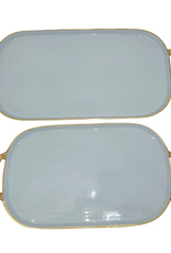 Rattan Large BLUE Enamel Metal Tray with Rattan Handles